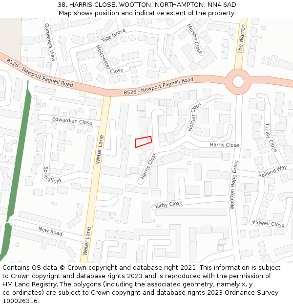 38, HARRIS CLOSE, WOOTTON, NORTHAMPTON, NN4 6AD: Location map and indicative extent of plot