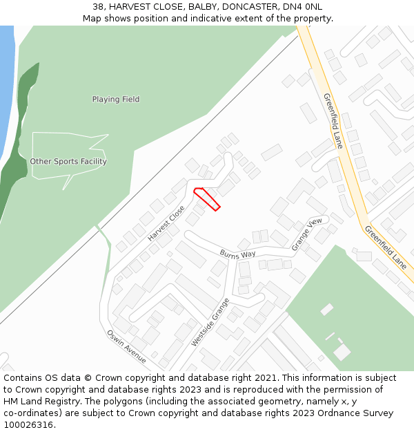 38, HARVEST CLOSE, BALBY, DONCASTER, DN4 0NL: Location map and indicative extent of plot