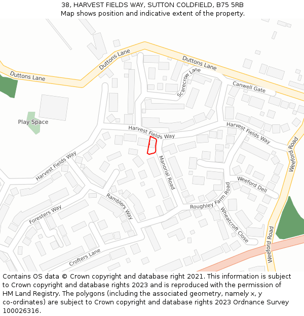 38, HARVEST FIELDS WAY, SUTTON COLDFIELD, B75 5RB: Location map and indicative extent of plot