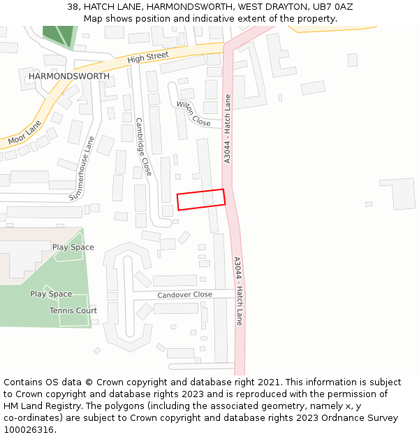 38, HATCH LANE, HARMONDSWORTH, WEST DRAYTON, UB7 0AZ: Location map and indicative extent of plot