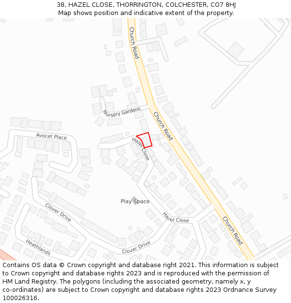38, HAZEL CLOSE, THORRINGTON, COLCHESTER, CO7 8HJ: Location map and indicative extent of plot