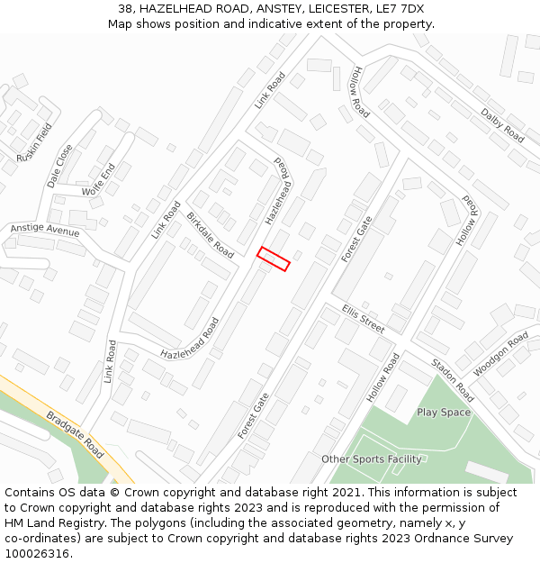 38, HAZELHEAD ROAD, ANSTEY, LEICESTER, LE7 7DX: Location map and indicative extent of plot