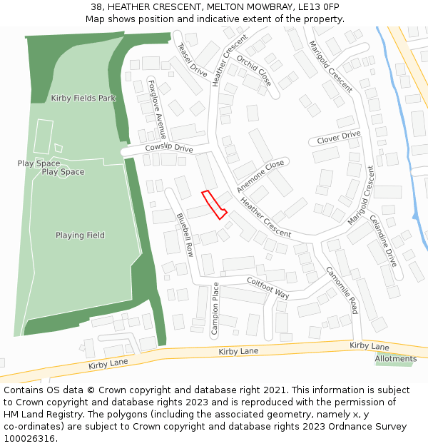 38, HEATHER CRESCENT, MELTON MOWBRAY, LE13 0FP: Location map and indicative extent of plot