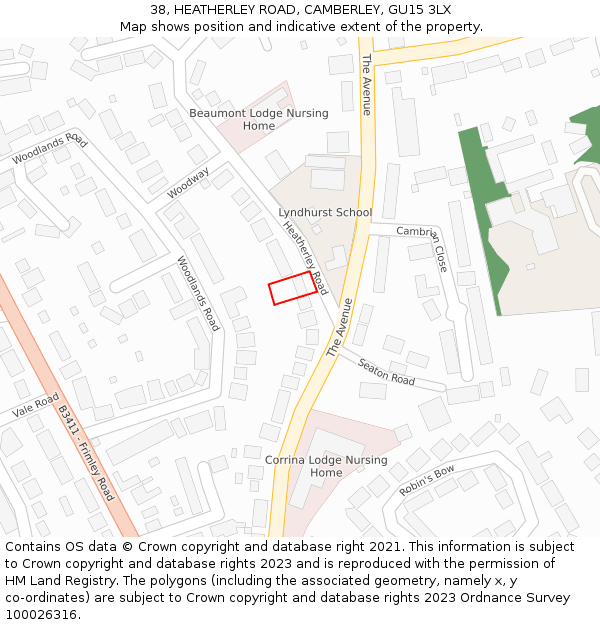 38, HEATHERLEY ROAD, CAMBERLEY, GU15 3LX: Location map and indicative extent of plot