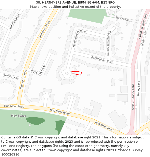 38, HEATHMERE AVENUE, BIRMINGHAM, B25 8RQ: Location map and indicative extent of plot