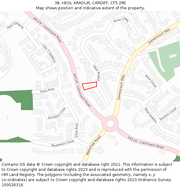 38, HEOL ARADUR, CARDIFF, CF5 2RE: Location map and indicative extent of plot