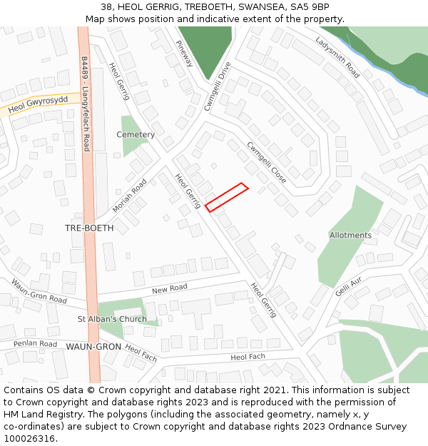 38, HEOL GERRIG, TREBOETH, SWANSEA, SA5 9BP: Location map and indicative extent of plot