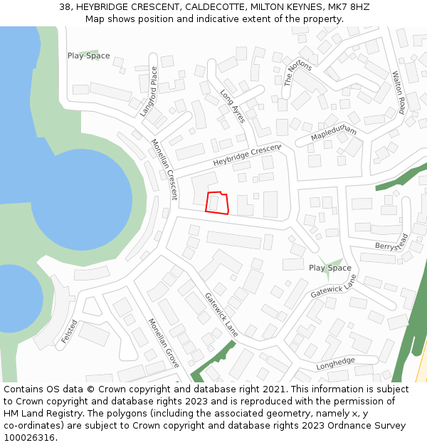 38, HEYBRIDGE CRESCENT, CALDECOTTE, MILTON KEYNES, MK7 8HZ: Location map and indicative extent of plot