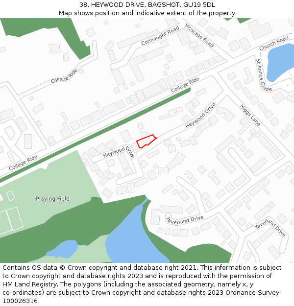 38, HEYWOOD DRIVE, BAGSHOT, GU19 5DL: Location map and indicative extent of plot