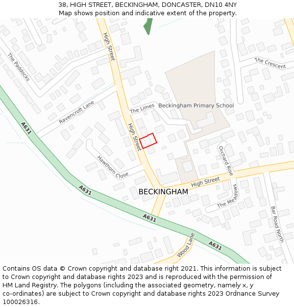 38, HIGH STREET, BECKINGHAM, DONCASTER, DN10 4NY: Location map and indicative extent of plot