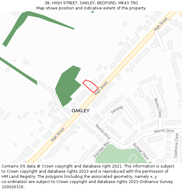 38, HIGH STREET, OAKLEY, BEDFORD, MK43 7RG: Location map and indicative extent of plot