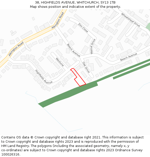 38, HIGHFIELDS AVENUE, WHITCHURCH, SY13 1TB: Location map and indicative extent of plot