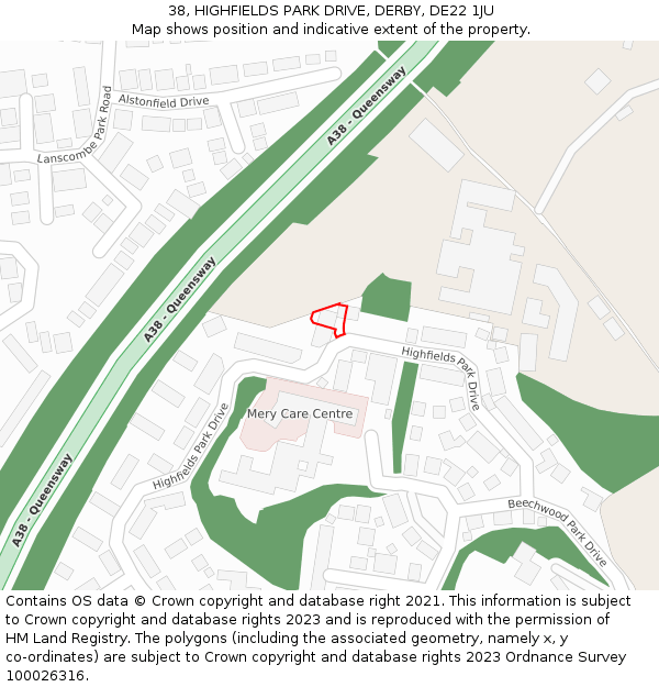 38, HIGHFIELDS PARK DRIVE, DERBY, DE22 1JU: Location map and indicative extent of plot