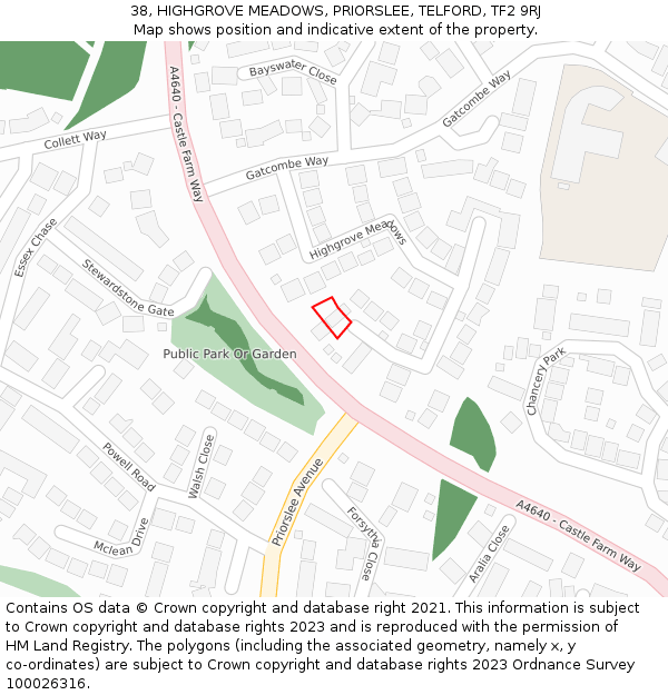 38, HIGHGROVE MEADOWS, PRIORSLEE, TELFORD, TF2 9RJ: Location map and indicative extent of plot