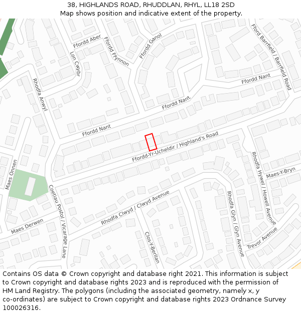 38, HIGHLANDS ROAD, RHUDDLAN, RHYL, LL18 2SD: Location map and indicative extent of plot