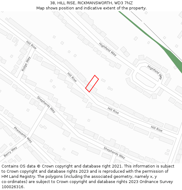 38, HILL RISE, RICKMANSWORTH, WD3 7NZ: Location map and indicative extent of plot