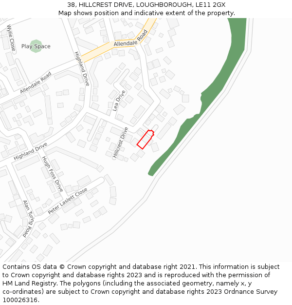 38, HILLCREST DRIVE, LOUGHBOROUGH, LE11 2GX: Location map and indicative extent of plot
