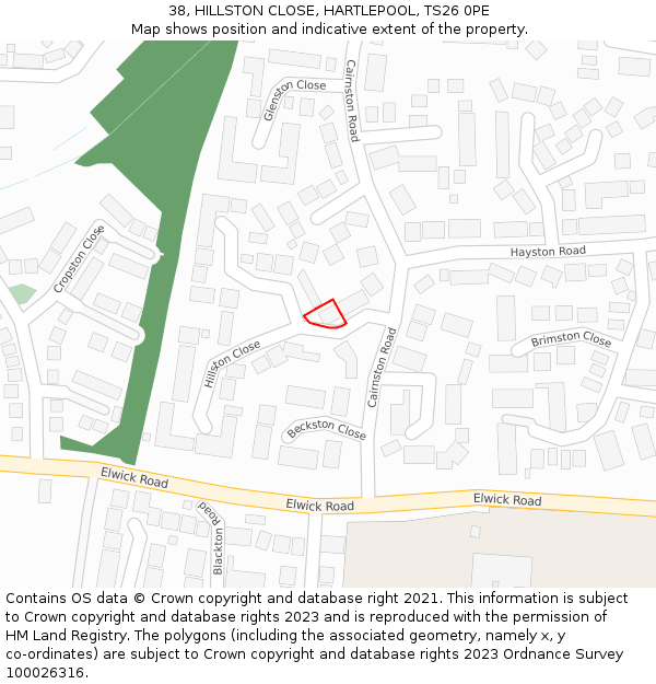 38, HILLSTON CLOSE, HARTLEPOOL, TS26 0PE: Location map and indicative extent of plot