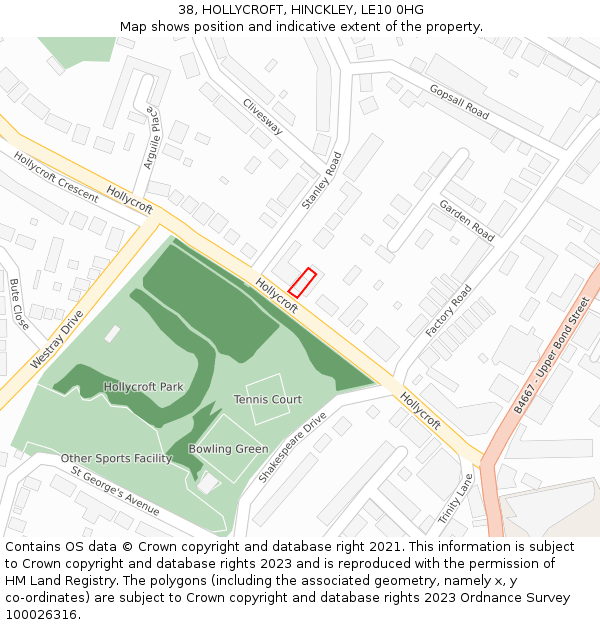 38, HOLLYCROFT, HINCKLEY, LE10 0HG: Location map and indicative extent of plot