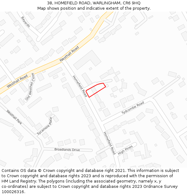 38, HOMEFIELD ROAD, WARLINGHAM, CR6 9HQ: Location map and indicative extent of plot