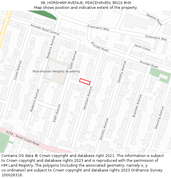 38, HORSHAM AVENUE, PEACEHAVEN, BN10 8HX: Location map and indicative extent of plot