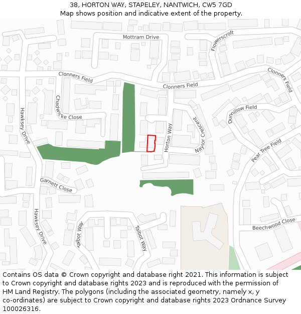 38, HORTON WAY, STAPELEY, NANTWICH, CW5 7GD: Location map and indicative extent of plot