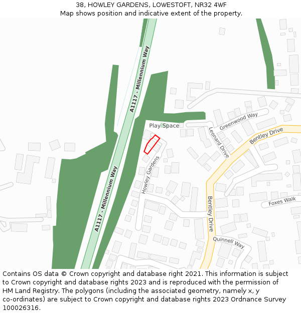 38, HOWLEY GARDENS, LOWESTOFT, NR32 4WF: Location map and indicative extent of plot