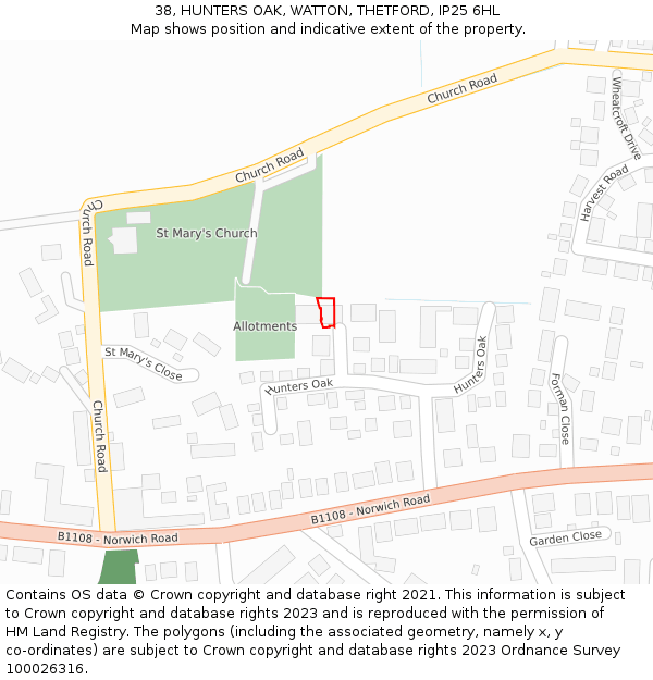 38, HUNTERS OAK, WATTON, THETFORD, IP25 6HL: Location map and indicative extent of plot