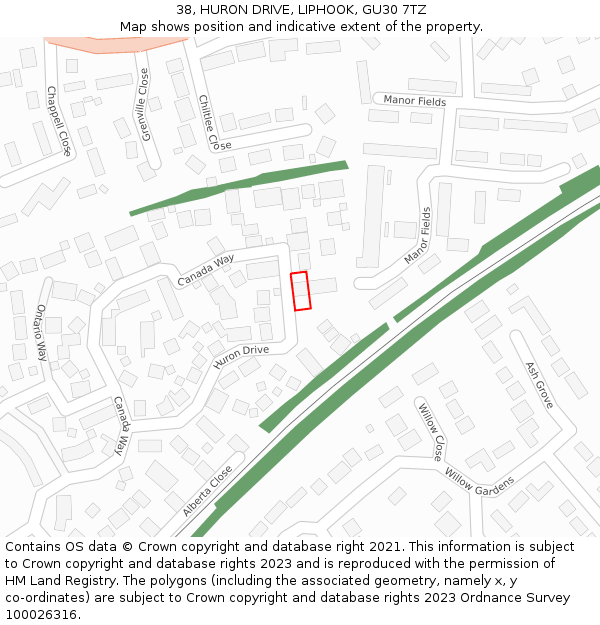 38, HURON DRIVE, LIPHOOK, GU30 7TZ: Location map and indicative extent of plot