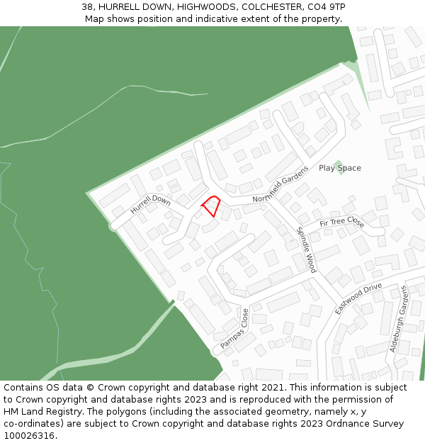 38, HURRELL DOWN, HIGHWOODS, COLCHESTER, CO4 9TP: Location map and indicative extent of plot