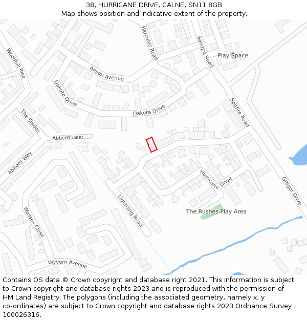 38, HURRICANE DRIVE, CALNE, SN11 8GB: Location map and indicative extent of plot