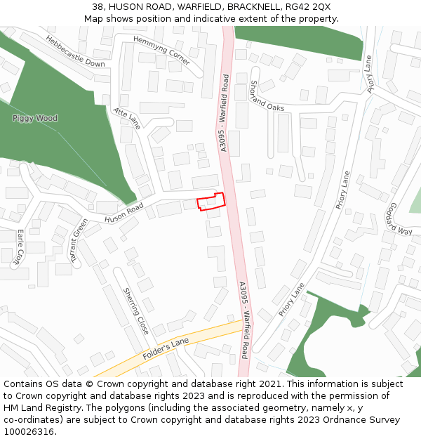 38, HUSON ROAD, WARFIELD, BRACKNELL, RG42 2QX: Location map and indicative extent of plot