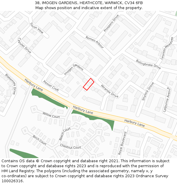 38, IMOGEN GARDENS, HEATHCOTE, WARWICK, CV34 6FB: Location map and indicative extent of plot
