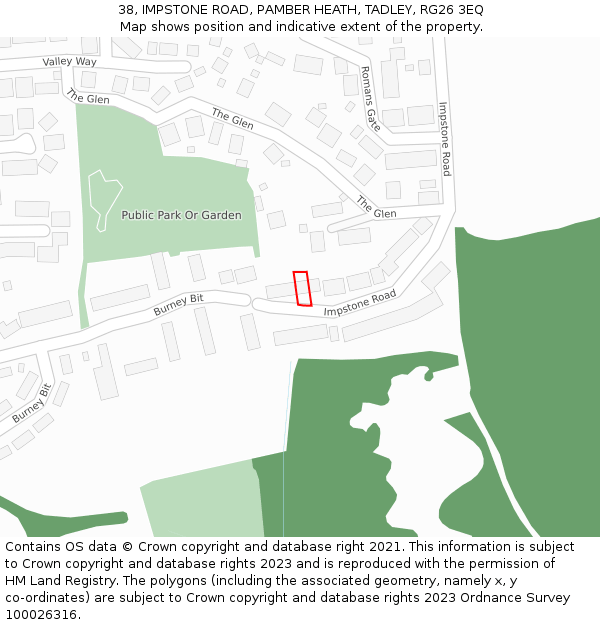 38, IMPSTONE ROAD, PAMBER HEATH, TADLEY, RG26 3EQ: Location map and indicative extent of plot