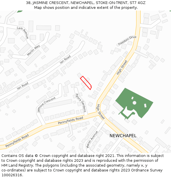38, JASMINE CRESCENT, NEWCHAPEL, STOKE-ON-TRENT, ST7 4GZ: Location map and indicative extent of plot
