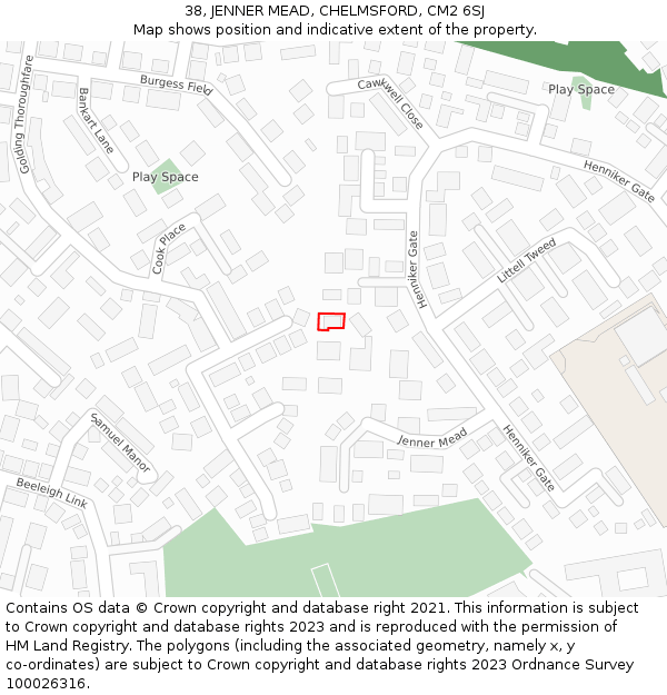 38, JENNER MEAD, CHELMSFORD, CM2 6SJ: Location map and indicative extent of plot