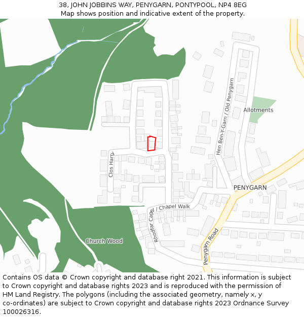 38, JOHN JOBBINS WAY, PENYGARN, PONTYPOOL, NP4 8EG: Location map and indicative extent of plot