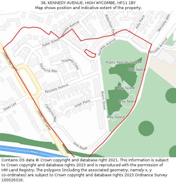 38, KENNEDY AVENUE, HIGH WYCOMBE, HP11 1BY: Location map and indicative extent of plot