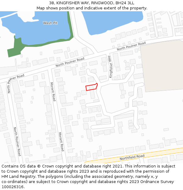 38, KINGFISHER WAY, RINGWOOD, BH24 3LL: Location map and indicative extent of plot