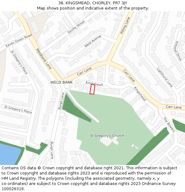 38, KINGSMEAD, CHORLEY, PR7 3JY: Location map and indicative extent of plot