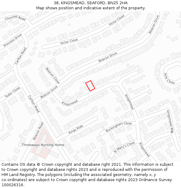 38, KINGSMEAD, SEAFORD, BN25 2HA: Location map and indicative extent of plot