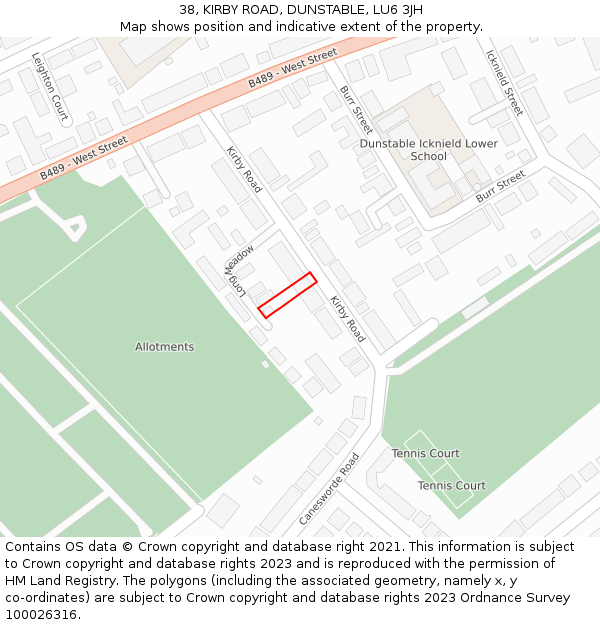 38, KIRBY ROAD, DUNSTABLE, LU6 3JH: Location map and indicative extent of plot