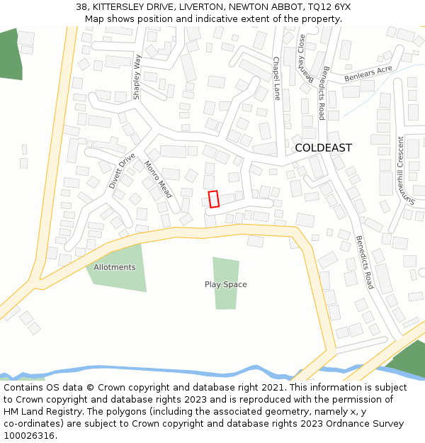 38, KITTERSLEY DRIVE, LIVERTON, NEWTON ABBOT, TQ12 6YX: Location map and indicative extent of plot