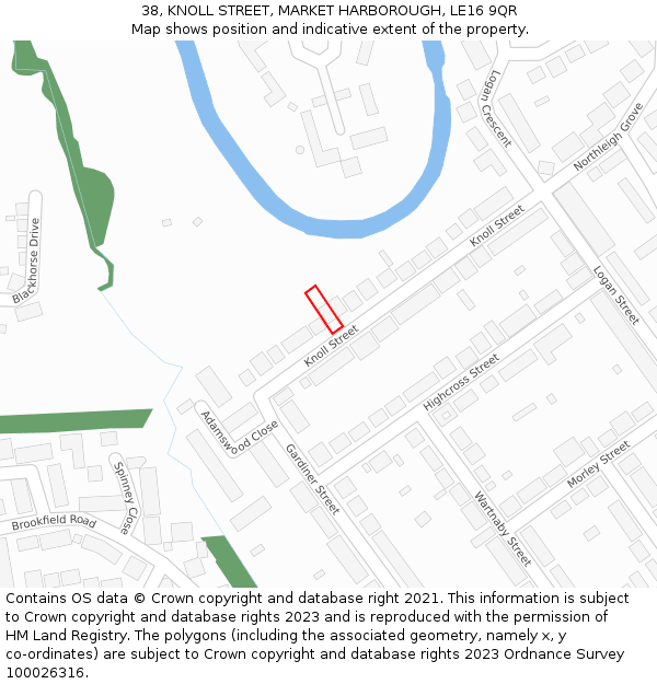 38, KNOLL STREET, MARKET HARBOROUGH, LE16 9QR: Location map and indicative extent of plot