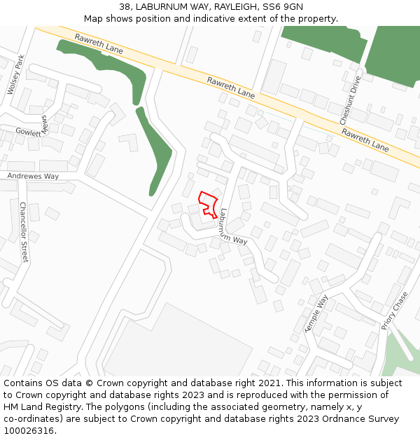 38, LABURNUM WAY, RAYLEIGH, SS6 9GN: Location map and indicative extent of plot