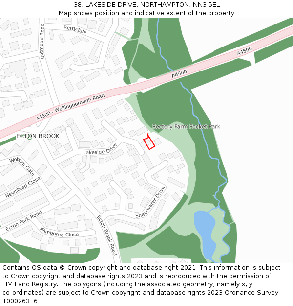 38, LAKESIDE DRIVE, NORTHAMPTON, NN3 5EL: Location map and indicative extent of plot