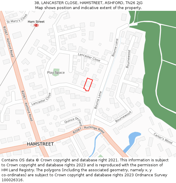 38, LANCASTER CLOSE, HAMSTREET, ASHFORD, TN26 2JG: Location map and indicative extent of plot