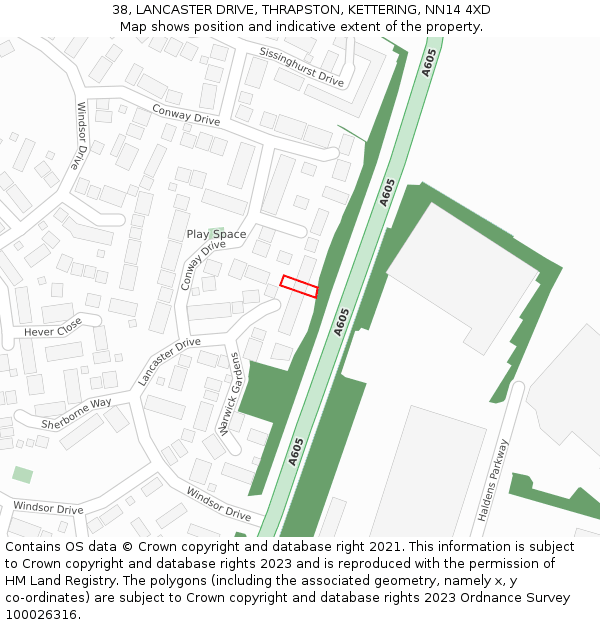 38, LANCASTER DRIVE, THRAPSTON, KETTERING, NN14 4XD: Location map and indicative extent of plot