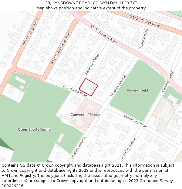 38, LANSDOWNE ROAD, COLWYN BAY, LL29 7YD: Location map and indicative extent of plot