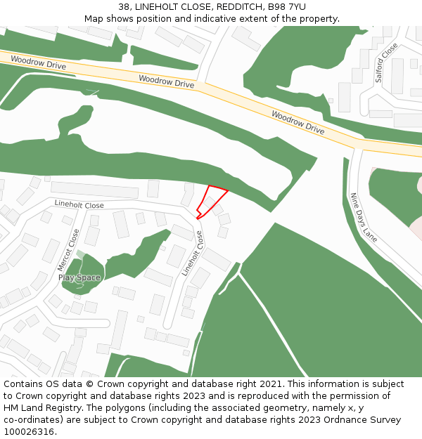 38, LINEHOLT CLOSE, REDDITCH, B98 7YU: Location map and indicative extent of plot